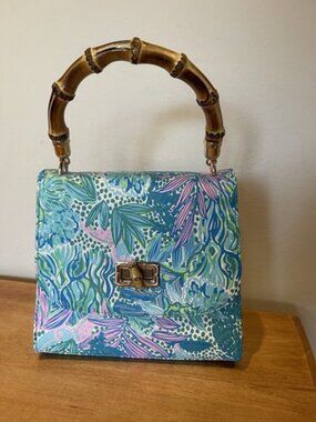 Lilly Pulitzer Blue & Pink Floral Bamboo-Handle Mini Bag Holiday In The Sun